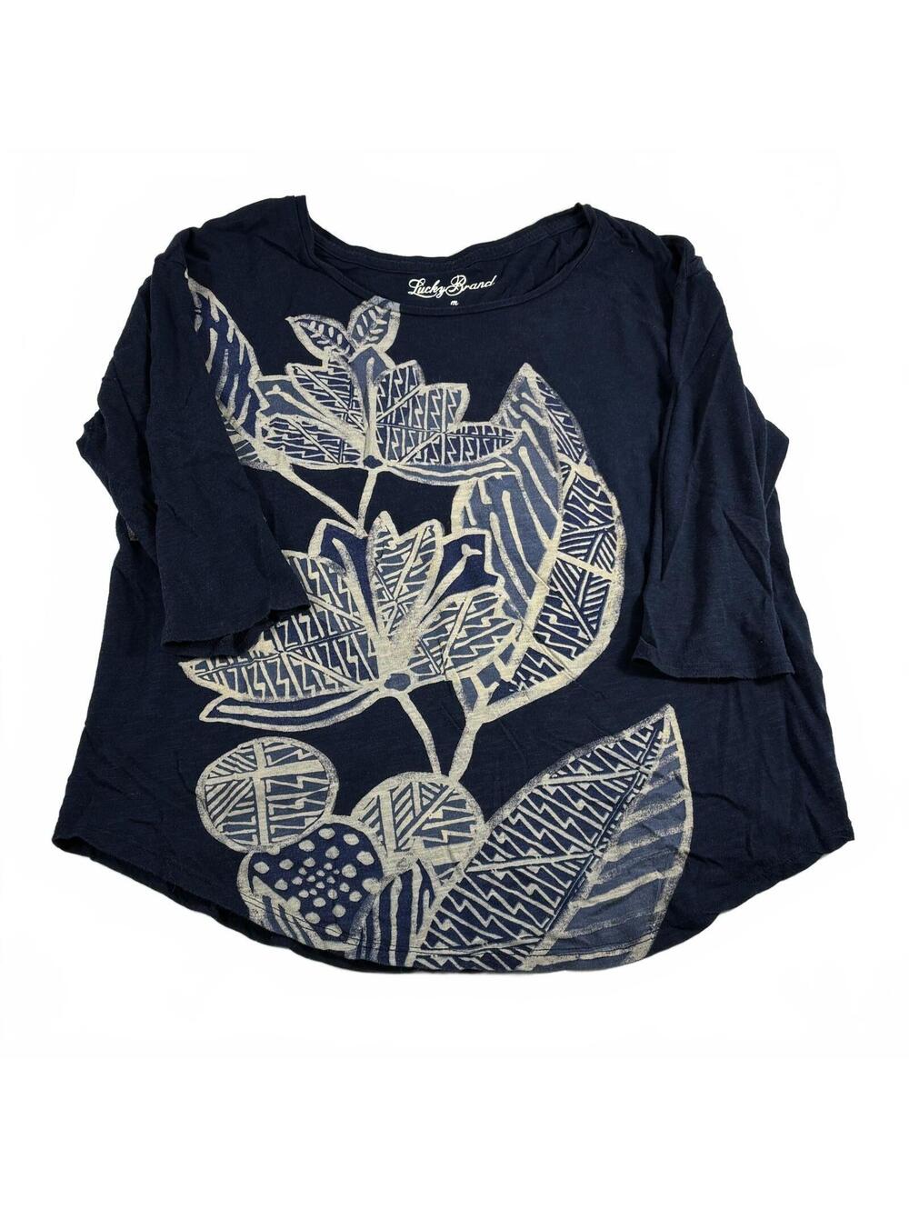 Lucky Brand Womens Navy Blue Boho Floral Nature Hippie Knit Top 3/4 Sleeve M